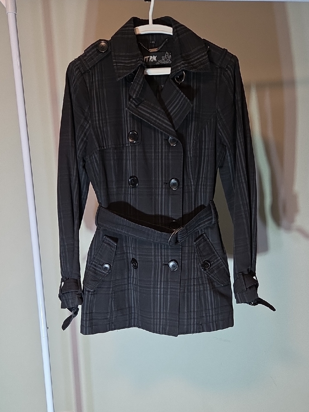 Xntrix Plaid Double Breasted Trench Coat Belted Size S Black Grey Jacket